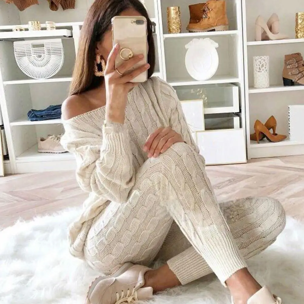 Large Size 3XL Womens Outfits Autumn Winter Tracksuit Set Knitted Sweater and Pants Two Piece Set Women Sweater Pants Sets