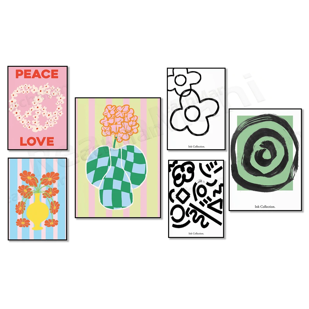 bouquet poster, pink magic imagine, plant, abstract flower poster, colorful art, yk2 prints, aesthetic poster, line art
