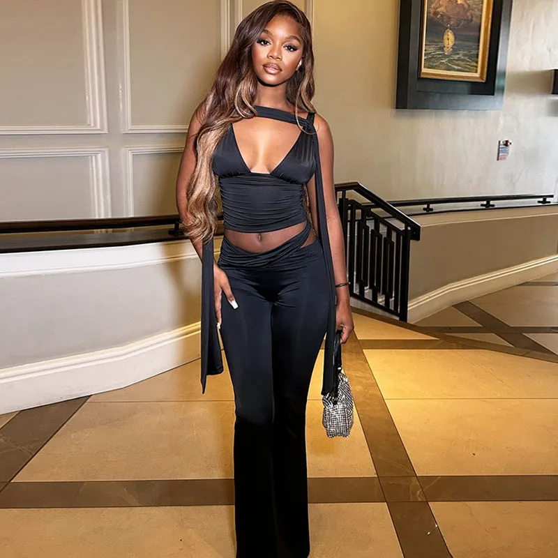 

Сексуальный черный комплект из 2 предметов со рюшами, женский праздничный наряд, клубный вечерний наряд на тонких бретельках с v-образным вырезом, бандажный укороченный топ + расклешенные брюки, одинаковые комплекты