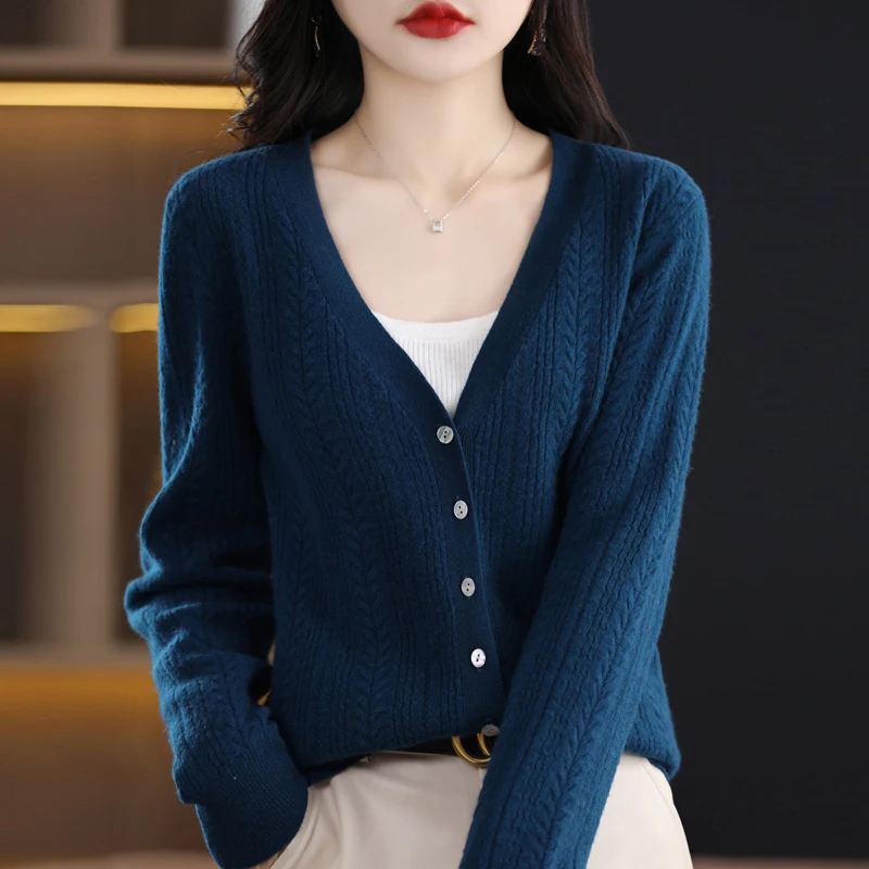 100% Merino Wool V-neck cardigan women\'s new Autumn and Winter Jacquard Sweater Temperament Fashion Knitwear Women\'s Jacket