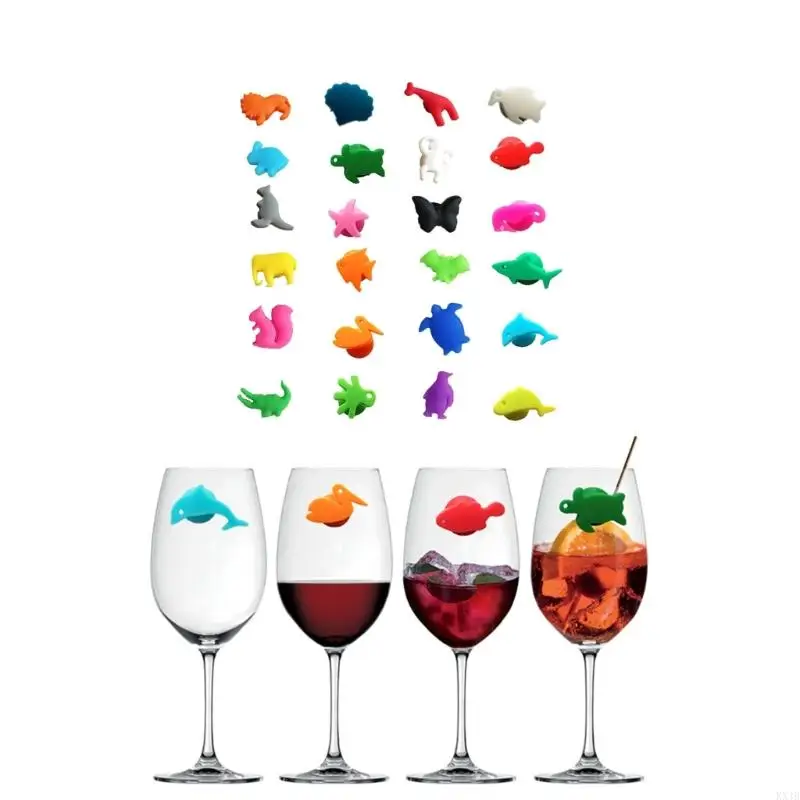 Kx4b Wine Glass Markers Set 24 Hewan Terestrial Hewan Minuman Silikon Pesona Gelas Tag Identifikasi Label Label Tanda