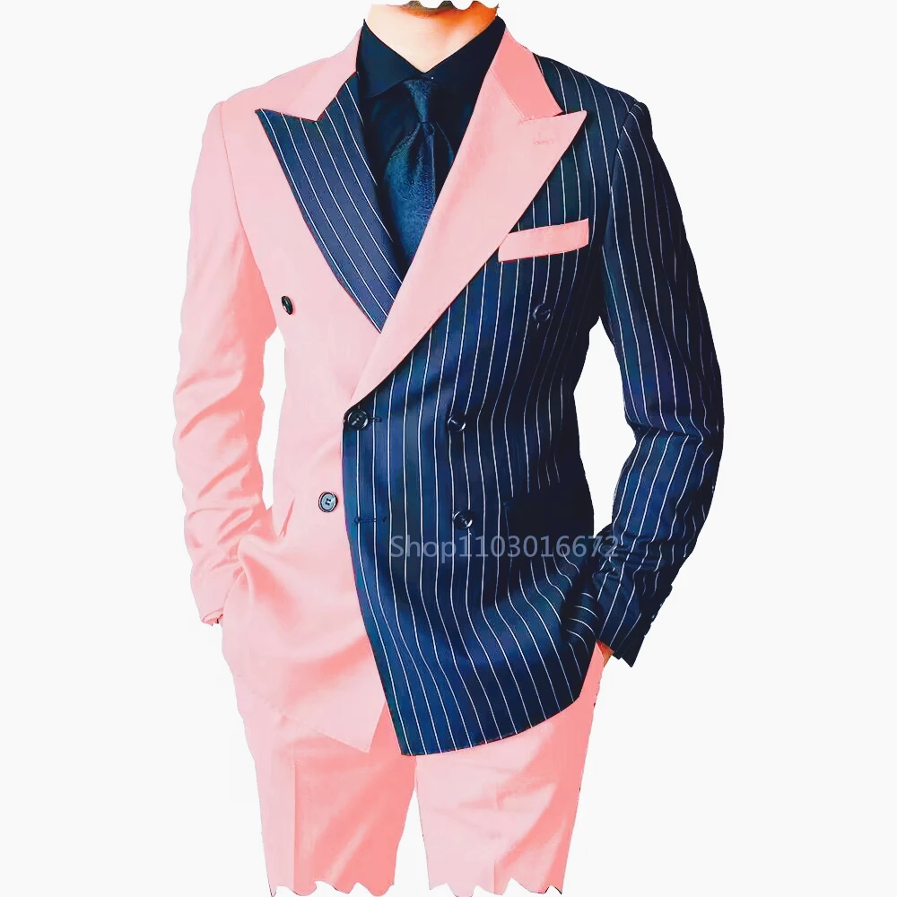 Immagine 5: Nuovo Stile Abito Formale da Uomo 2 Pezzi, Smoking da Sposo con Risvolto a Punta, Vestibilità Slim, Blazer Doppiopetto e Pantaloni, Set Elegante per Affari