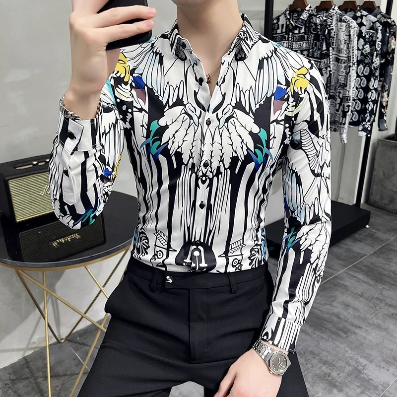 Vintage Indian Feather Print Shirts for Men Spring Autumn Long Sleeve Slim Fit Camisas De Hombre Casual Button-Up Men's Shirt