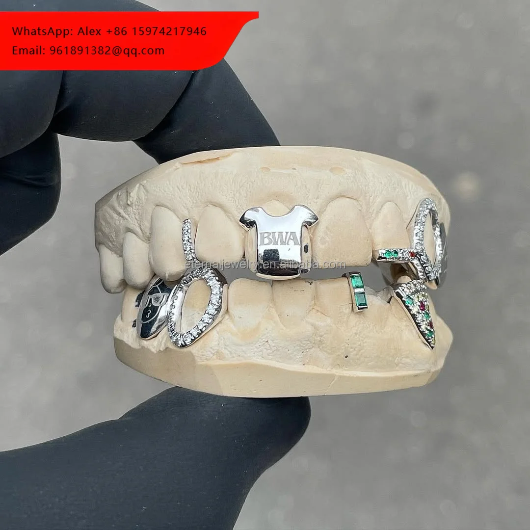 

Custom Women Men Top Bottom 4 6 8 10 Pattern Symbol Logo Letter S925 Silver Gold Moissanite Diamond Open Face Fine Teeth Grillz