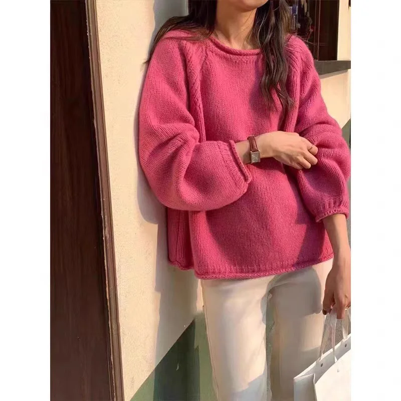 2024 New Round Neck 100% Pure Wool Sweater For Women Loose Versatile Rolled Edge Solid Color Pullover Sweater Base Sweater Top