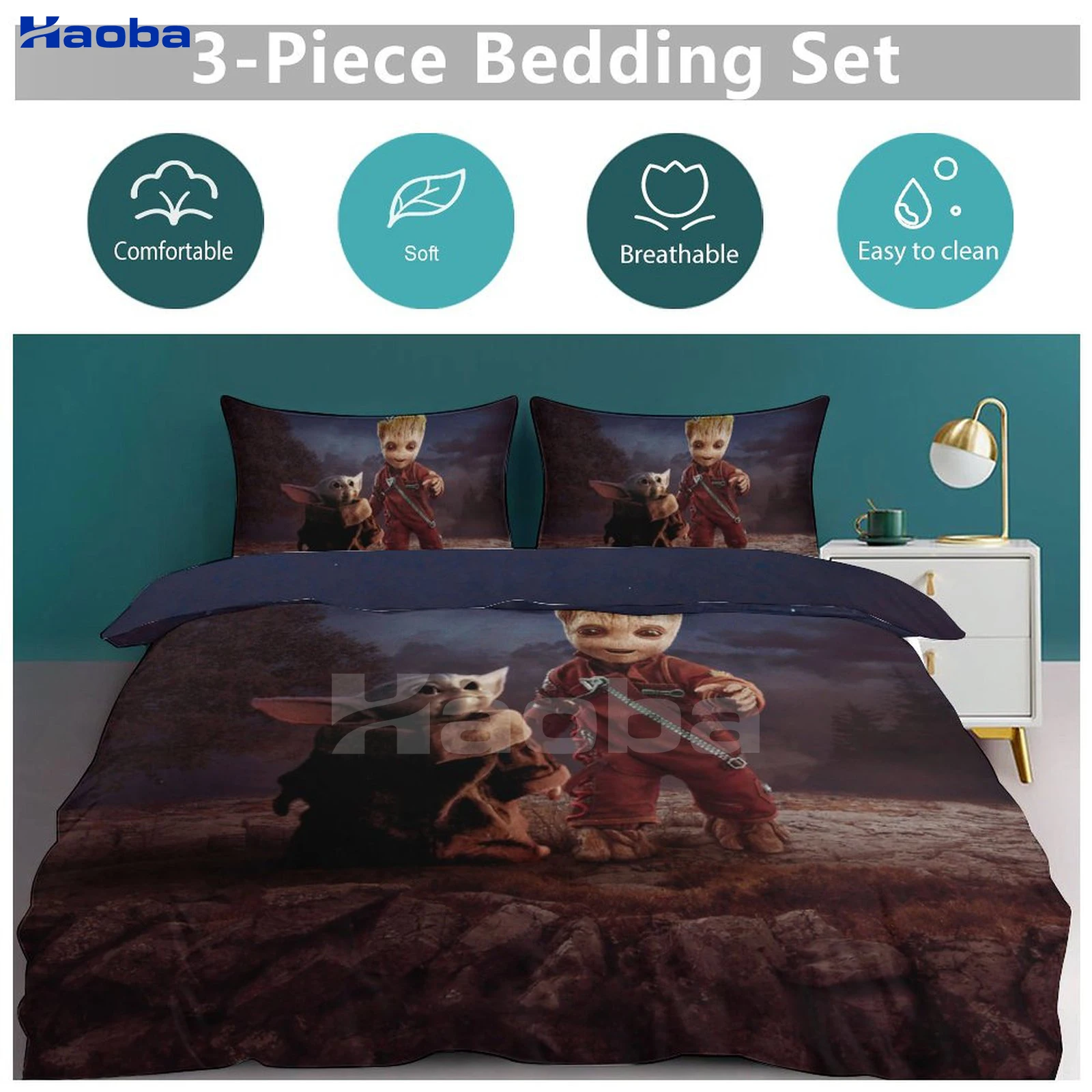 Baby Alien G-root and Y-oda Three Piece Bedding Set Children or Adults for Beds Quilt Covers Birthday Gifts for Women Men