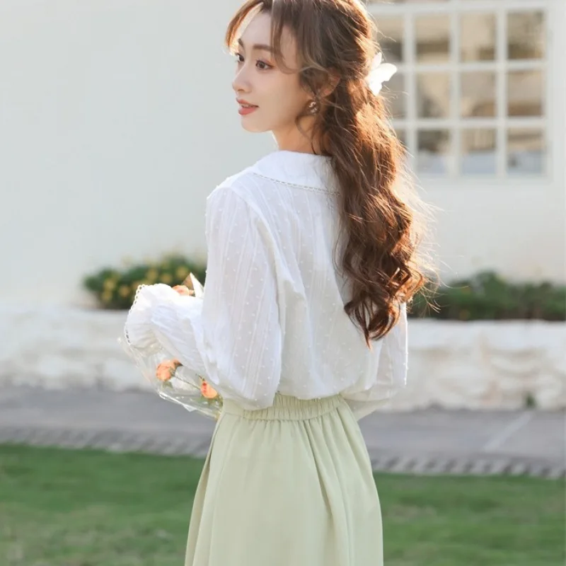 Peter Pan Collar Shirts Women Spring Sweet Girls Retro Flare Sleeve Embroidery Simple All-match Korean Style Floral Trendy Cozy