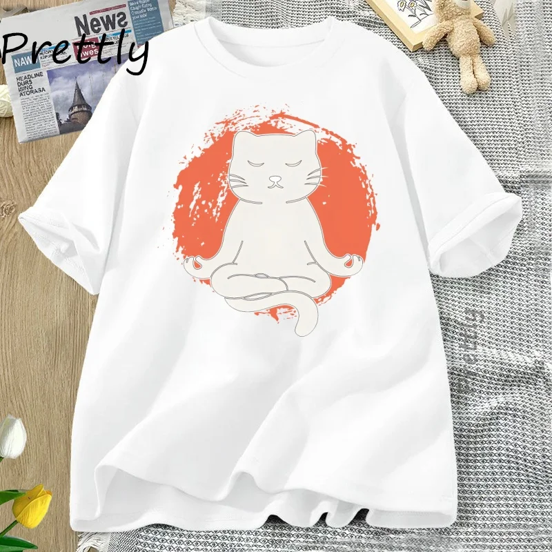 

Футболка для йоги Забавная футболка для йоги с котом Женская хлопковая футболка с круглым вырезом и коротким рукавом Повседневные свободные футболки с графическим рисунком Женская одежда
