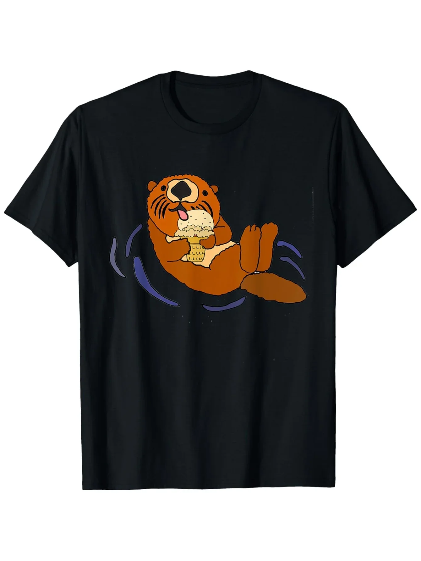 

Otter Eating Ice Cream Graphic T-Shirt Cute Sea Otter Lover Round Neck Cotton Tee for Men