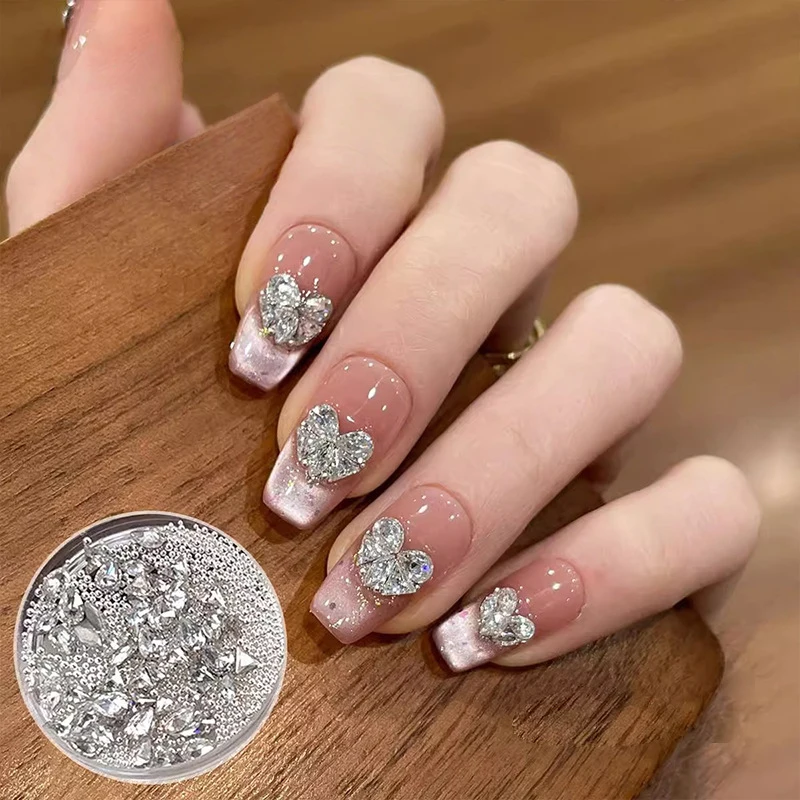 Emenda geométrica coração strass decoração da arte do prego material costura forma de amor cristal fundo plano gota de água zircão broca