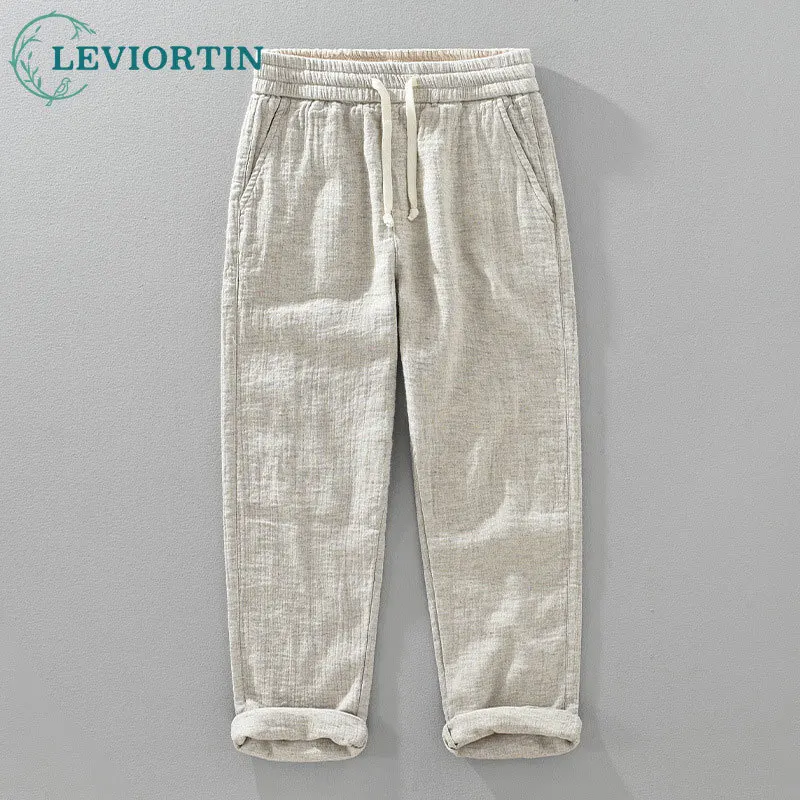 Autumn And Winter Double-layer Linen Texture Casual Straight Leg Pants For Men Sold Color Elastic Loose Men's Linen Trousers