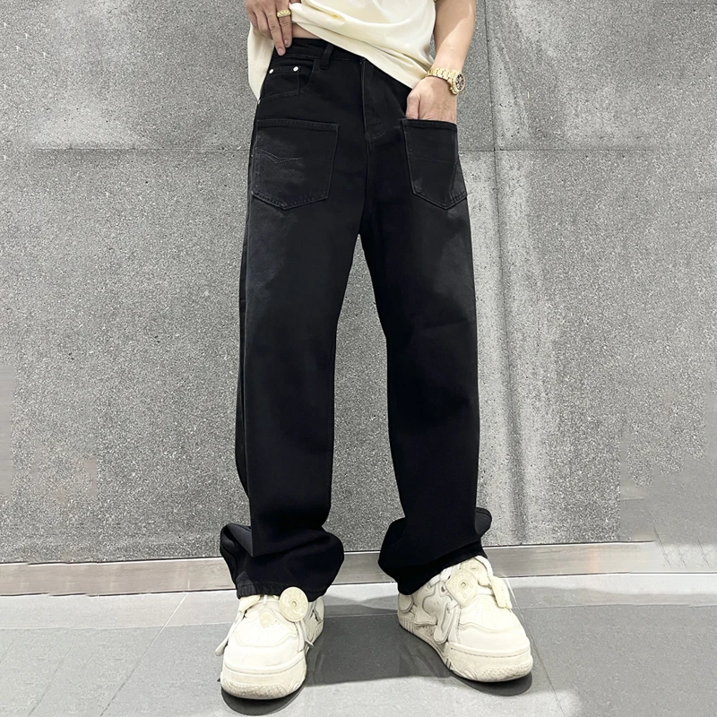 

2024 Loosen Black Jeans For Men Wide Leg Baggy Y2K Denim Clothes Simple Design Solid Male Bottoms
