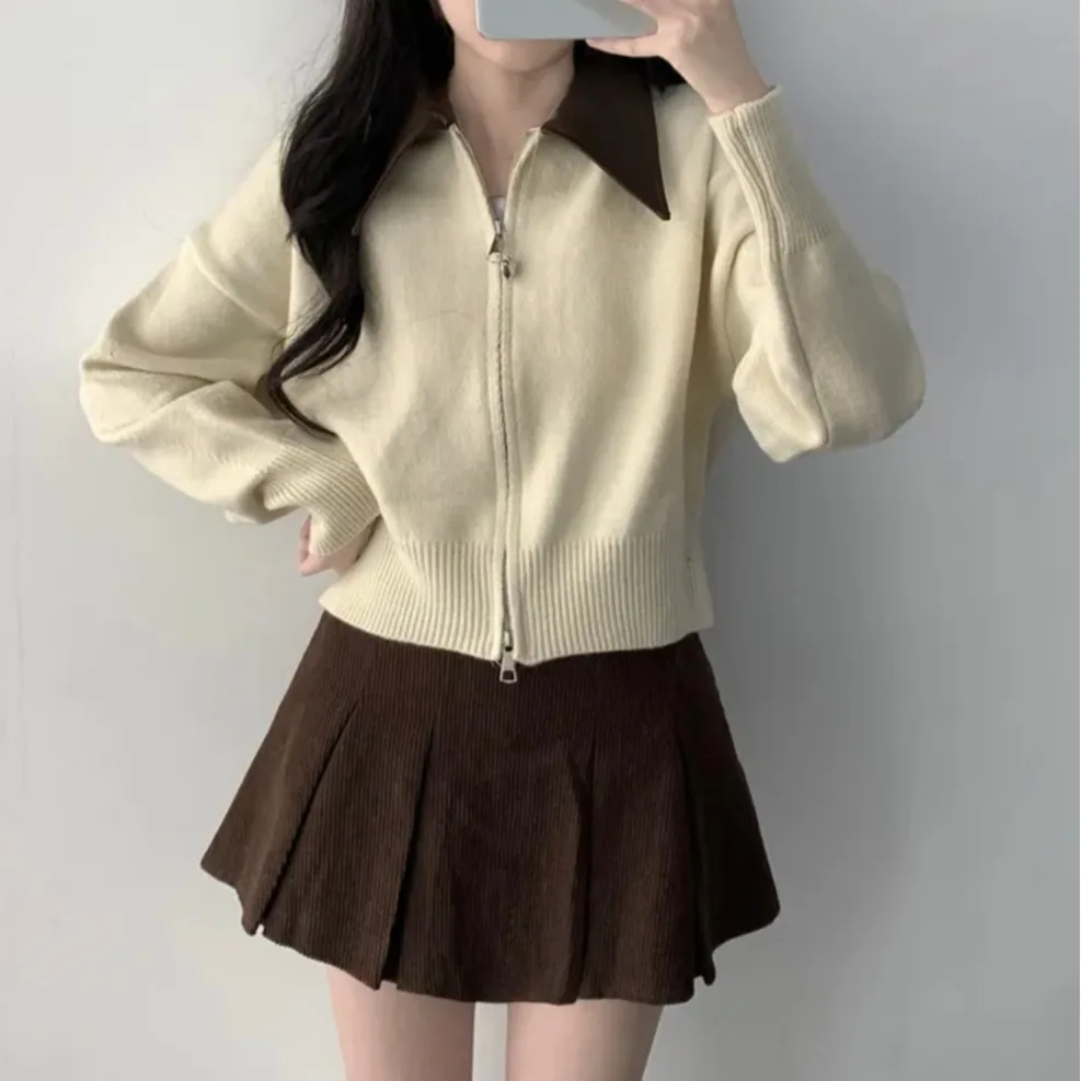 Elegancki sweter damski z zamkiem błyskawicznym, modny, wyszczuplający kardigan, długi sweter dzianinowy dla kobiet o niskiej staturze.