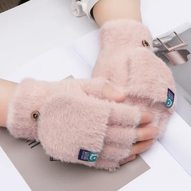 Plush Fingerless Flip ถุงมือฤดูหนาวที่อบอุ่นนักเรียนหญิงสาวน่ารักสไตล์ Faux Fur หนาถุงมือ Warm Mitten ถุงมือทํางาน Half Finger