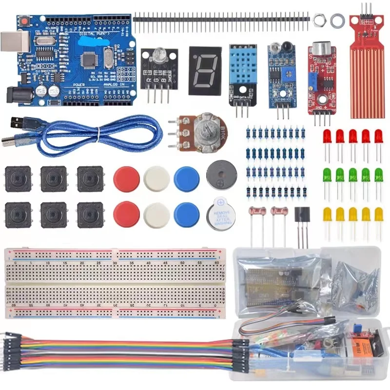 Perlengkapan pemula dasar proyek Arduino Uno R3, perlengkapan komponen elektronik papan R3/papan sirkuit, Kit elektronik DIY