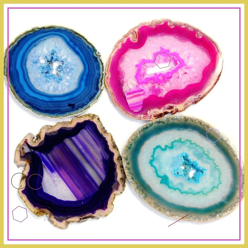 

Mixed Dyed Color Agate Coasters Set of 4 with Free Rubber Bumpers, Natural Geode Slices for Home Decoration