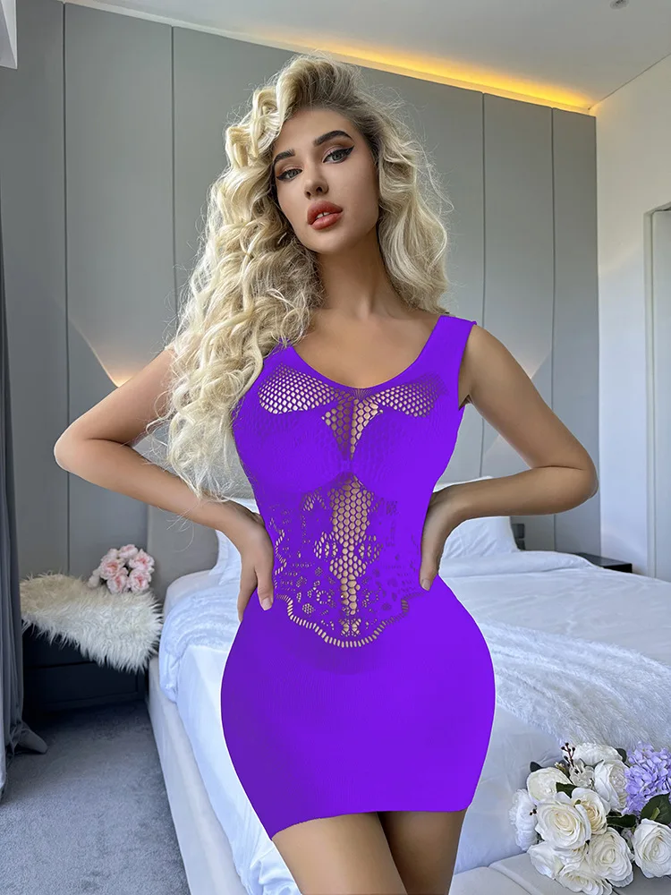 Women\'s Sexy Fishnet Dress Hollow Out Backless Bodysuit Female Perspective Eroic Fish Net Tight One Piece Skirt Christmas Gift