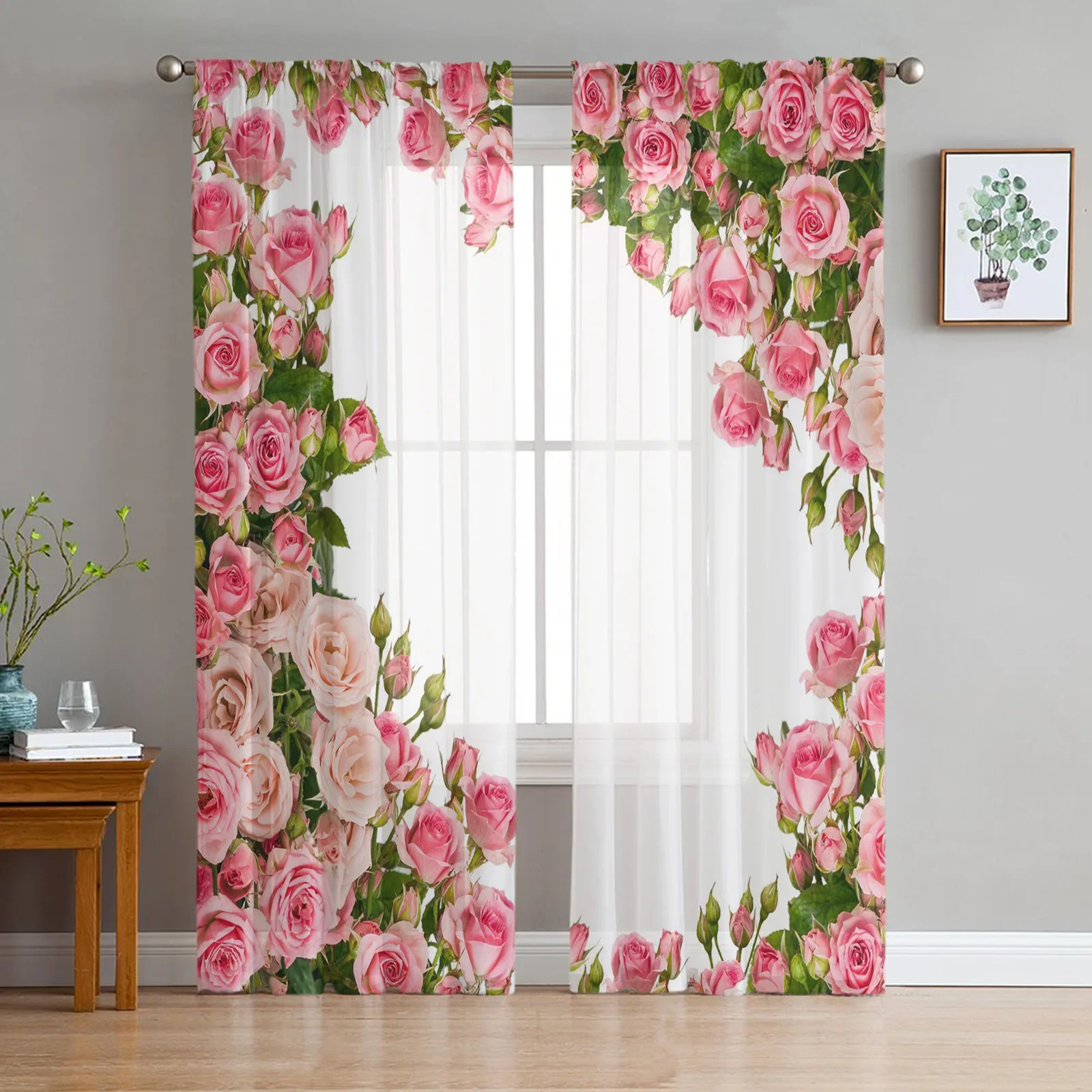 Pink Rose Flower Bouquet White Tulle Sheer Curtains for Living Room Decoration Window Curtain for Bedroom Voile Organza Drapes