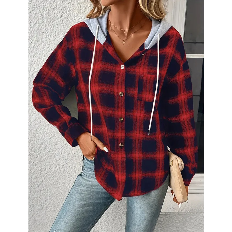 Women Vintage Classic Plaid Print Shirt Coat Autumn Winter Trendy Casual Streetwear Hooded Jacket Female Long Sleeve Loose Tops