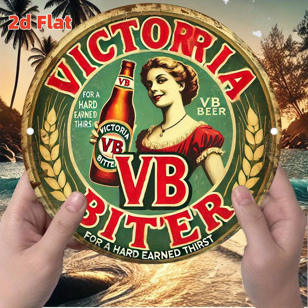Cartel de chapa de metal con logotipo de cerveza Victoria Bitter VB plano 2D, arte de pared retro vintage con escena de playa tropical y diseño clásico de mujer VB