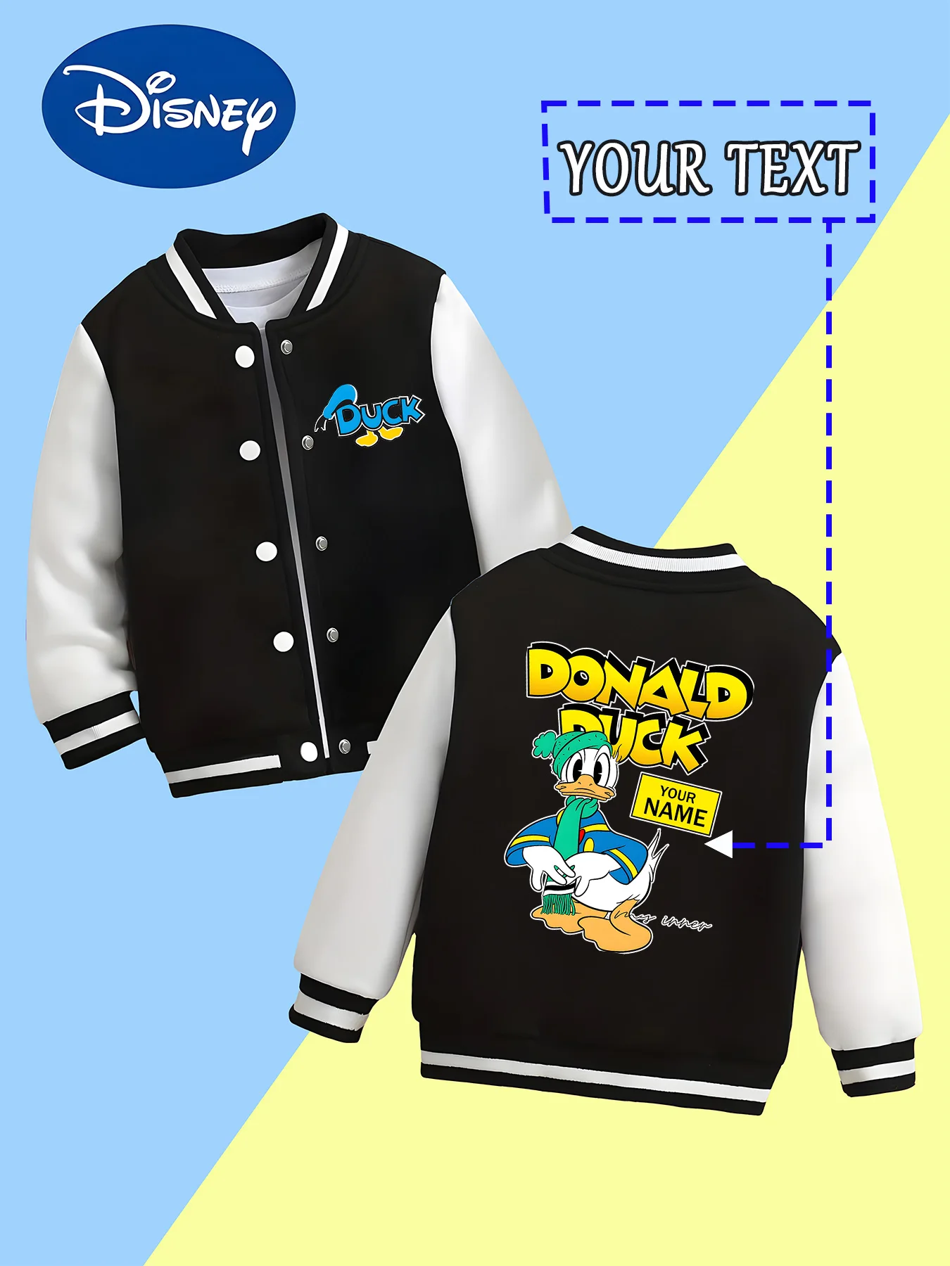 

MINISO Disney Donald Duck Boys' Baseball Jacket - Donald Duck street style, complete with a customizable name tag. This simple y
