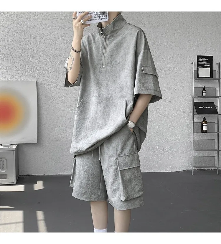 2026 Sommer Hong Kong Style Halb-Reißverschluss-Färbe-Set aus Eisseide mit Kühlfunktion, zweiteiliges Sportswear-Outfit im Hanfu-Stil mit kurzen Ärmeln – Detail 24
