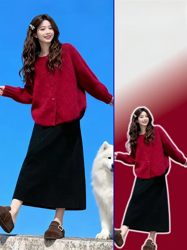 

plus Size Korean Sle round Ne Open Cardigan Top Skirt Set Spring New Casual Sweater f Skirt Two Piece Set for Teens