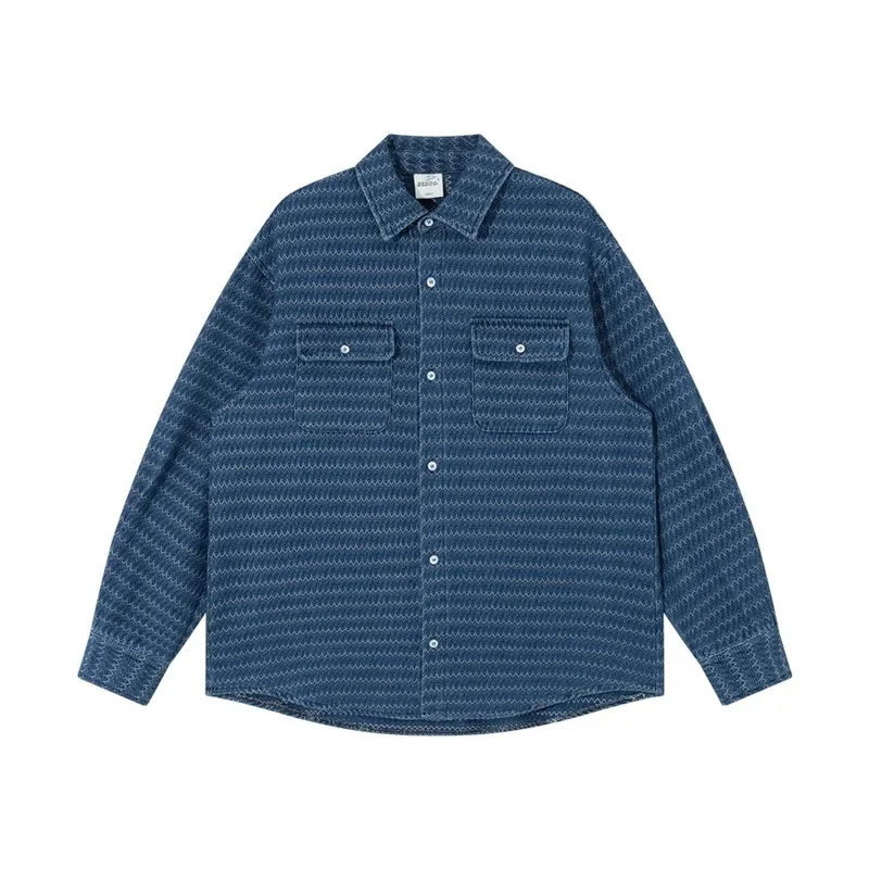 Ethnic Retro Stripe Washed Denim Shirt Men Streetwear Loose Casual Long Sleeve Jeans Shirts Jacket Cityboy Oversize Blouses Coat