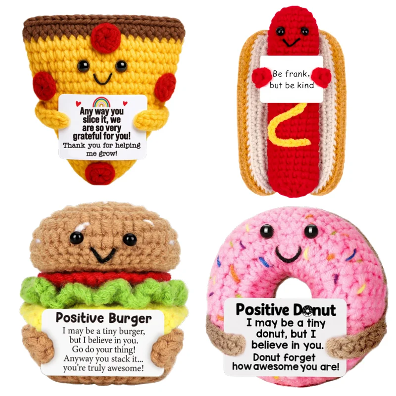 Funny Creative Handmade Crochet Hamburg Doughnut with Positive Energy Card Desktop Ornament Home Decor for Friend  Birthday Gift