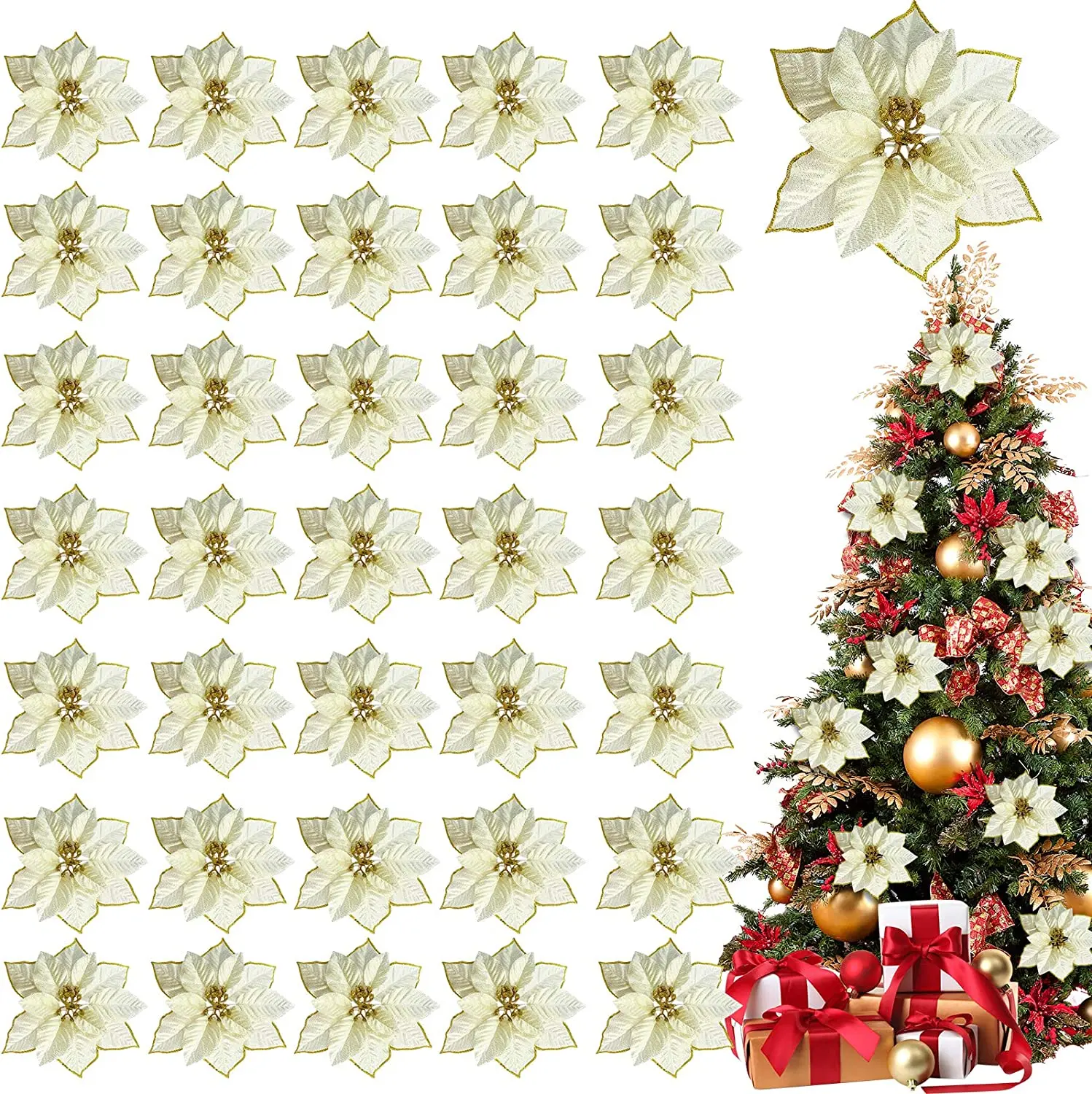 20PCS Christmas Tree Decorations Ornaments Poinsettia Flowers Artificial Glitter Gold Xmas Ornaments For Christmas Decoration