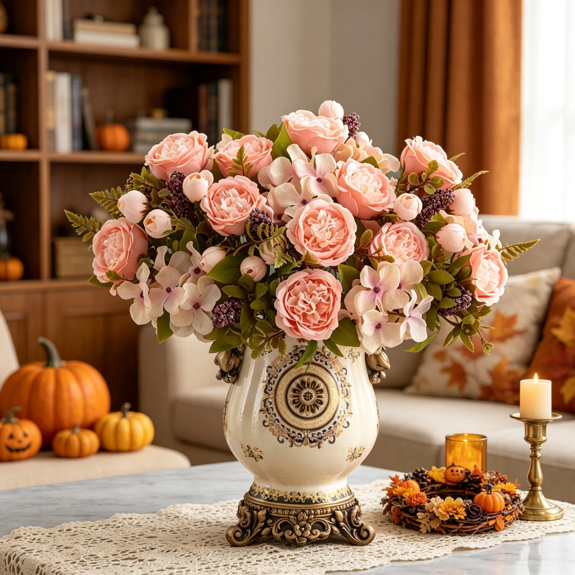 3 Stück Künstliche Blumen für Festivals, Hochzeiten, Rosen, Pfingstrosen, Brautstrauß, Vasen, Raumdekoration, Herbst, Halloween, Seidenhortensien – Detail 3