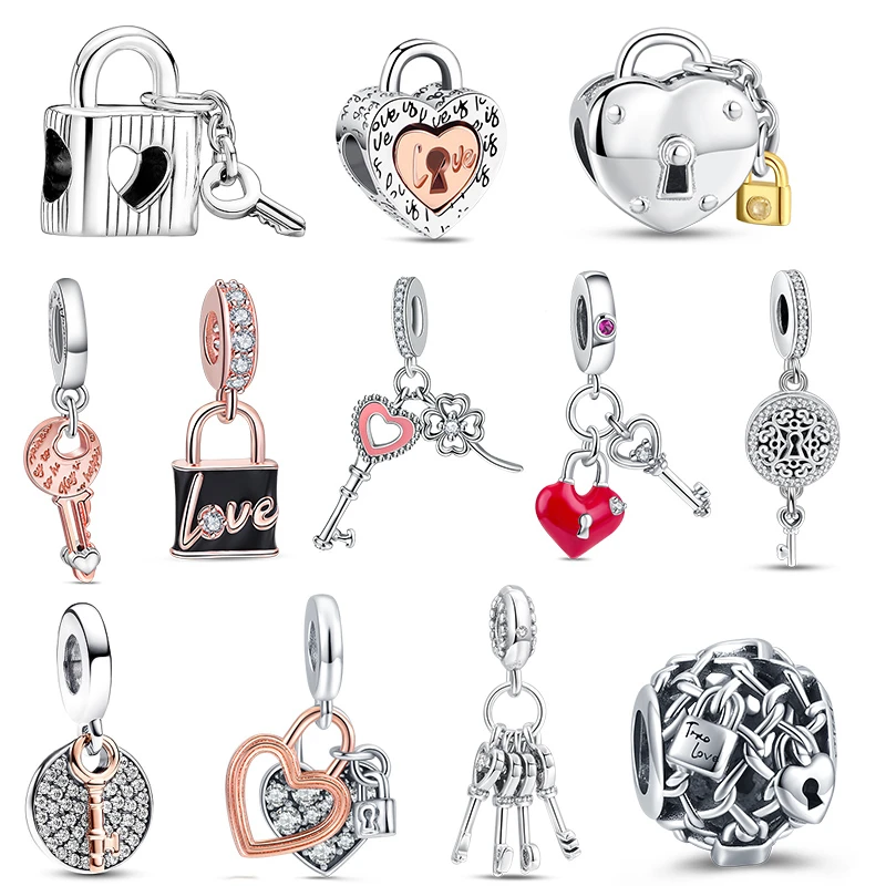

Pendant Rose Gold Keys Love Heart Lock & Heart Charm Bead Fit Original Pantaro Silver 925 Bracelet Necklace DIY Jewelry