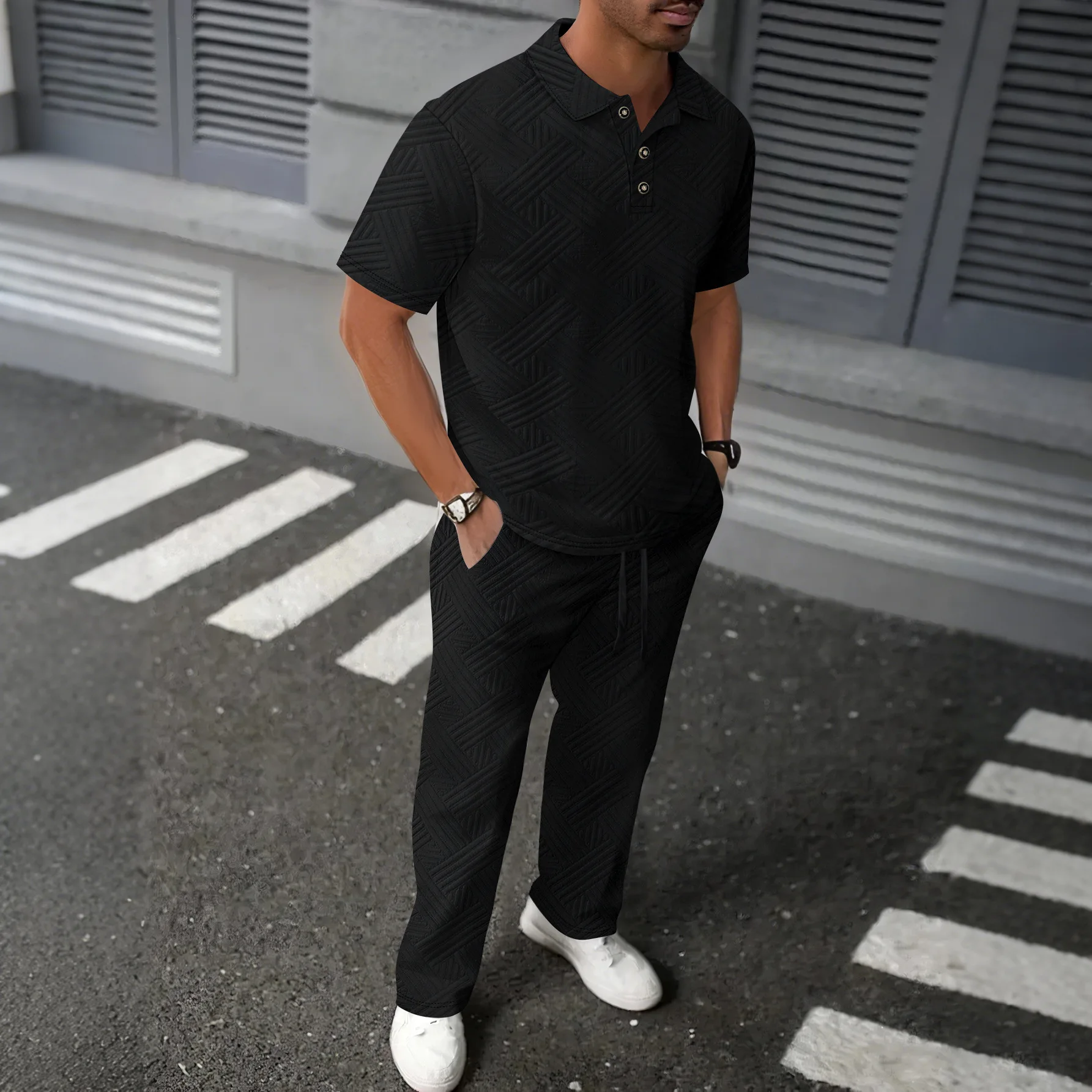 Picture 5: 2026 Men's Spring Autumn Geometric Textured 2 Piece Set Polo Neck Short Sleeve Shirt & Drawstring Pants Tracksuit