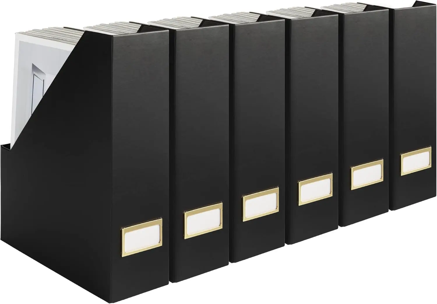 

Set of 6 Black Foldable Magazine File Holders with Gold Labels - Cardboard Storage Box & Desk Organizer