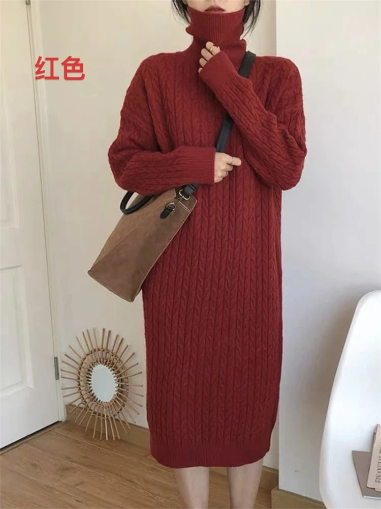 秋冬タートルネックツイストロングセーター女性韓国スタイル膝丈ルーズドレス女性カジュアルグレーニットプルオーバー新