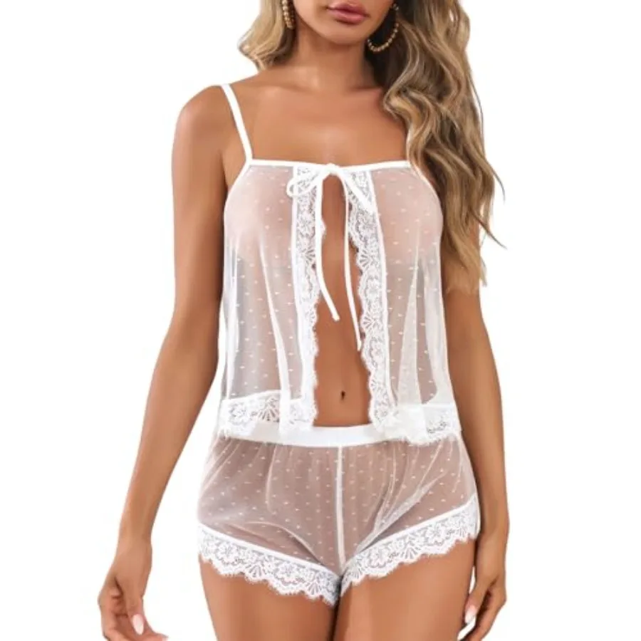 Sexy Women Lace Pajamas Lingerie Set High Waist Sheer Sleepwear Bow Ties Cami Shorts Set