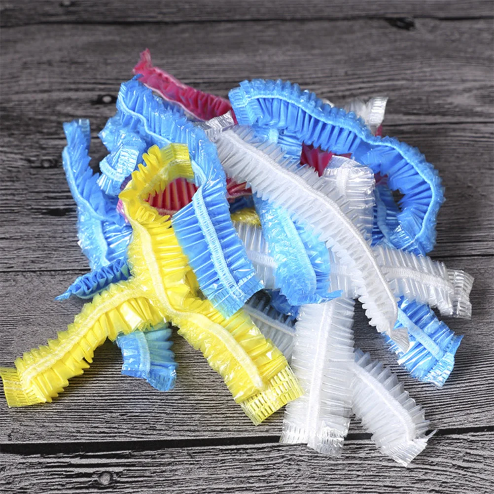 100 قطعة قبعات الاستحمام القابل للتصرف الأزرق 19 سنتيمتر مقاوم للماء مادة البولي ايثيلين لمختبر المستشفى استخدام قبعات الدش لمرة واحدة النساء الشعر المرن