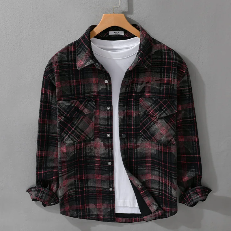 

Классическая мужская рубашка в клетку с длинным рукавом, винтажная повседневная свободная куртка с воротником, осенне-зимняя мода для мужчин среднего и старшего возраста
