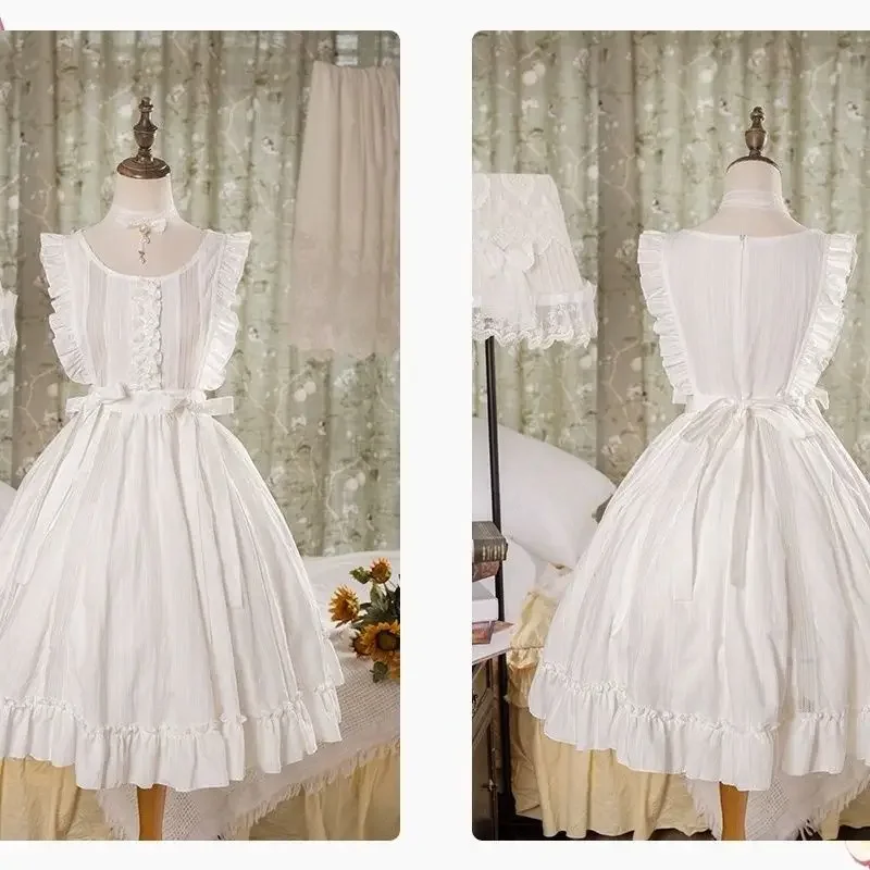 

2025 Classical Lolita Mori Girls Apron Sweet Fresh White Bow Peplum Ruffles Sleeveless Cover Up Dresses