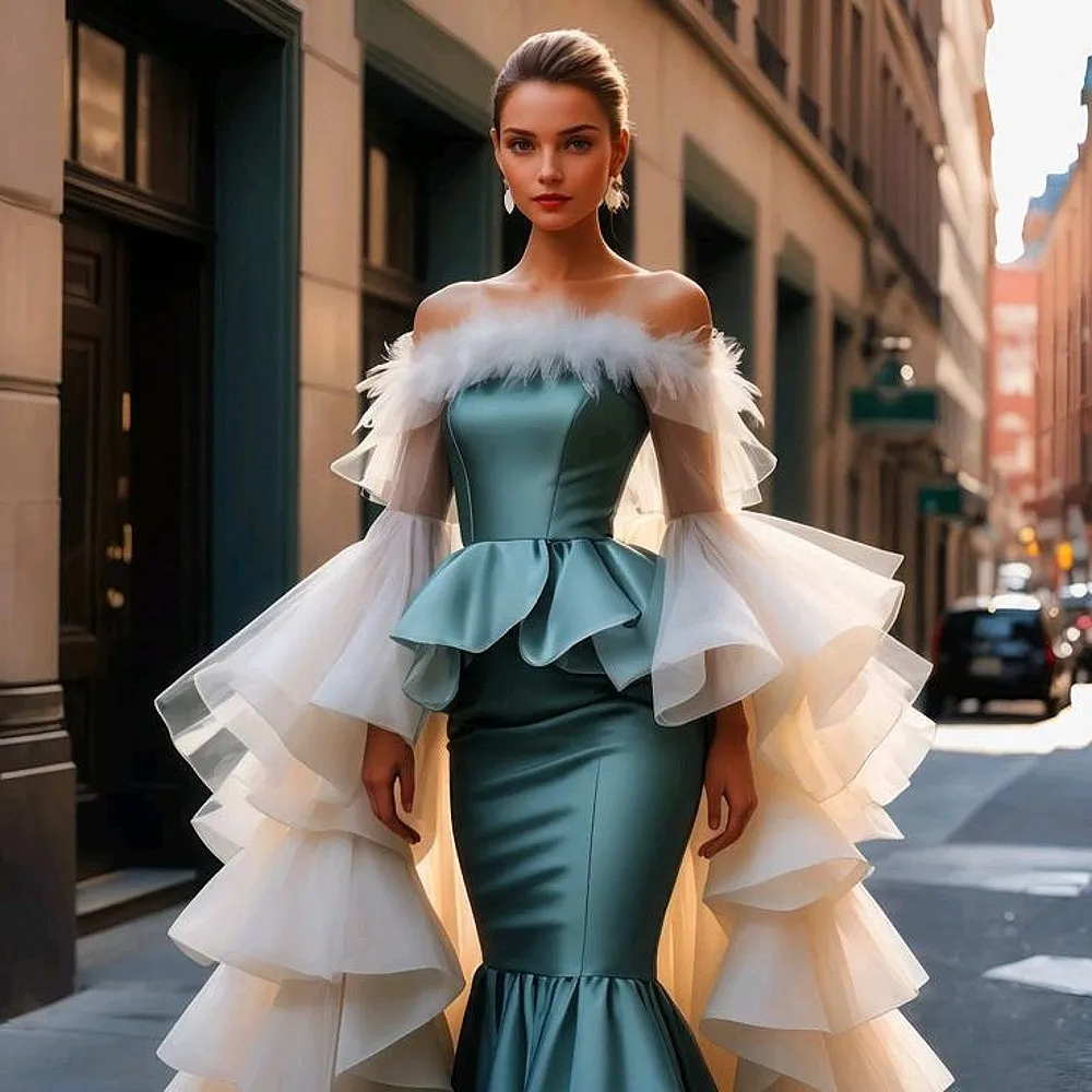 

Женские вечерние платья с перьями и оборками, длинными рукавами, платье русалки для выпускного вечера, атласное платье с баской, вечерние платья