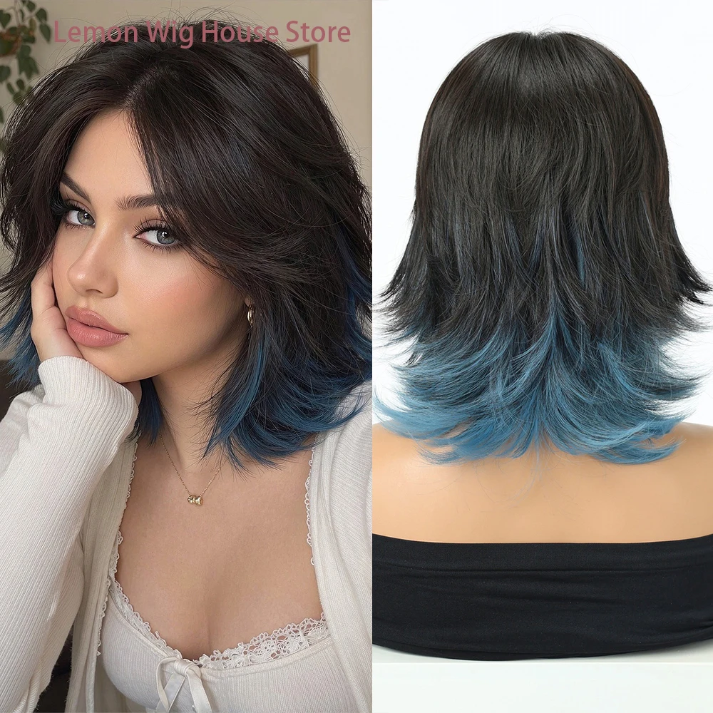 Short Wolf Cut Wig Black Ombre Purple Layered Synthetic Wigs for Women Daily Cosplay Gothic Halloween Costume Wig Heat Resistant