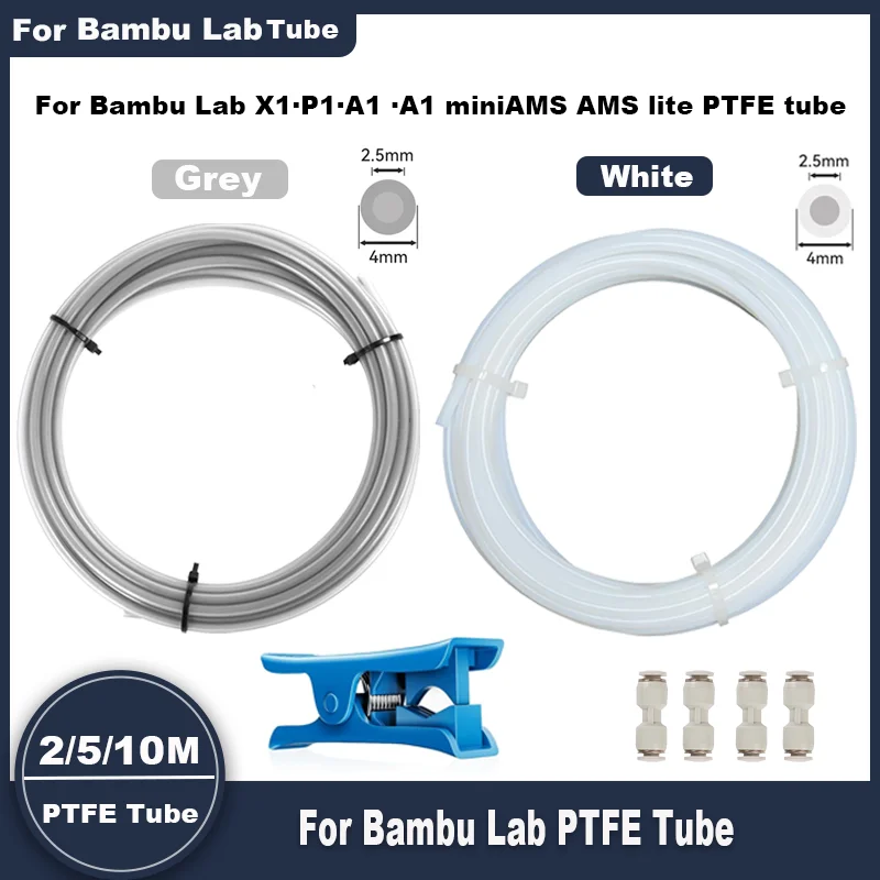 

PTFE Tube 2.5mm x 4mm 5M for Bambu Lab X1/X1C/P1P/P1S/A1/A1 mini/AMS/AMS lite with Cutter Connectors, 3D Printer Filament Tubing