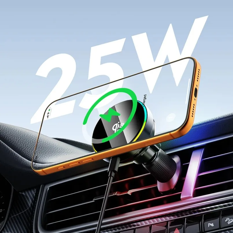 Qi2 25W Magnetic Wireless Car Charger Mount for MagSafe iPhone 17 16 15 14 13 12 Pro Max RGB Light Air Vent Holder Fast Charging