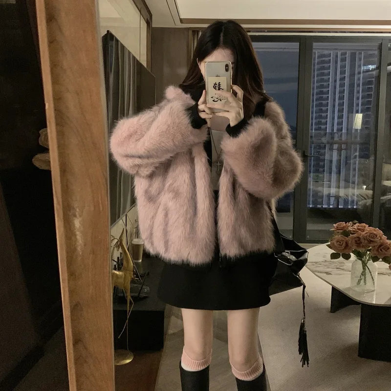 Faux Mink Fur Hooded Parkas Coats Women Short Solid Jackets Reversible Pocket Long Sleeves Slim Office Lady Casual 2025 Winter