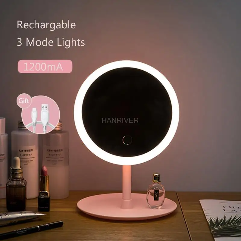 LED-Make-up-Spiegel mit Hintergrundbeleuchtung, Kreislicht, Waschtisch, natürliches Weiß, Kosmetik, zusammenklappbar, verstellbarer Touchscreen-Spiegel, Aufbewahrungsbasis, 3 Modi