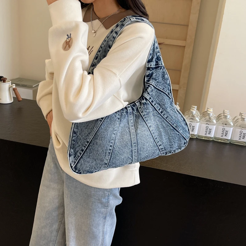 French Style Denim Shoulder Bag Luxury Designer Jeans Bag Women 2024 Large Capacity Cloth Shoulder Tote Bag Brand Female Purse