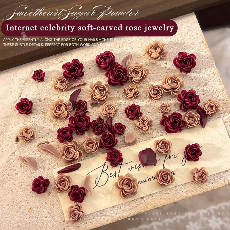 

[TW] 50Pcs 3D Blossoming Rose Flowers Leaf Resin Nail Art Rhinestones Decorations For Manicure Kawaii Charms Design