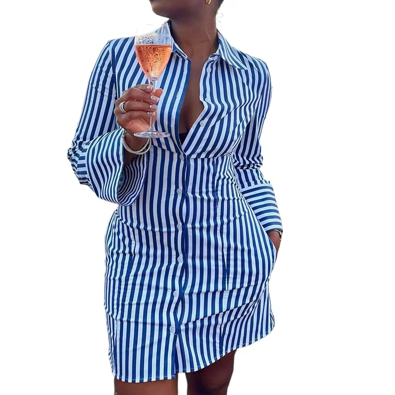 

Women Full Button Striped Mini Shirt Dress 2024 Spring Turn Down Collar Short Dresses Long Sleeve Single Breasted Office Dress