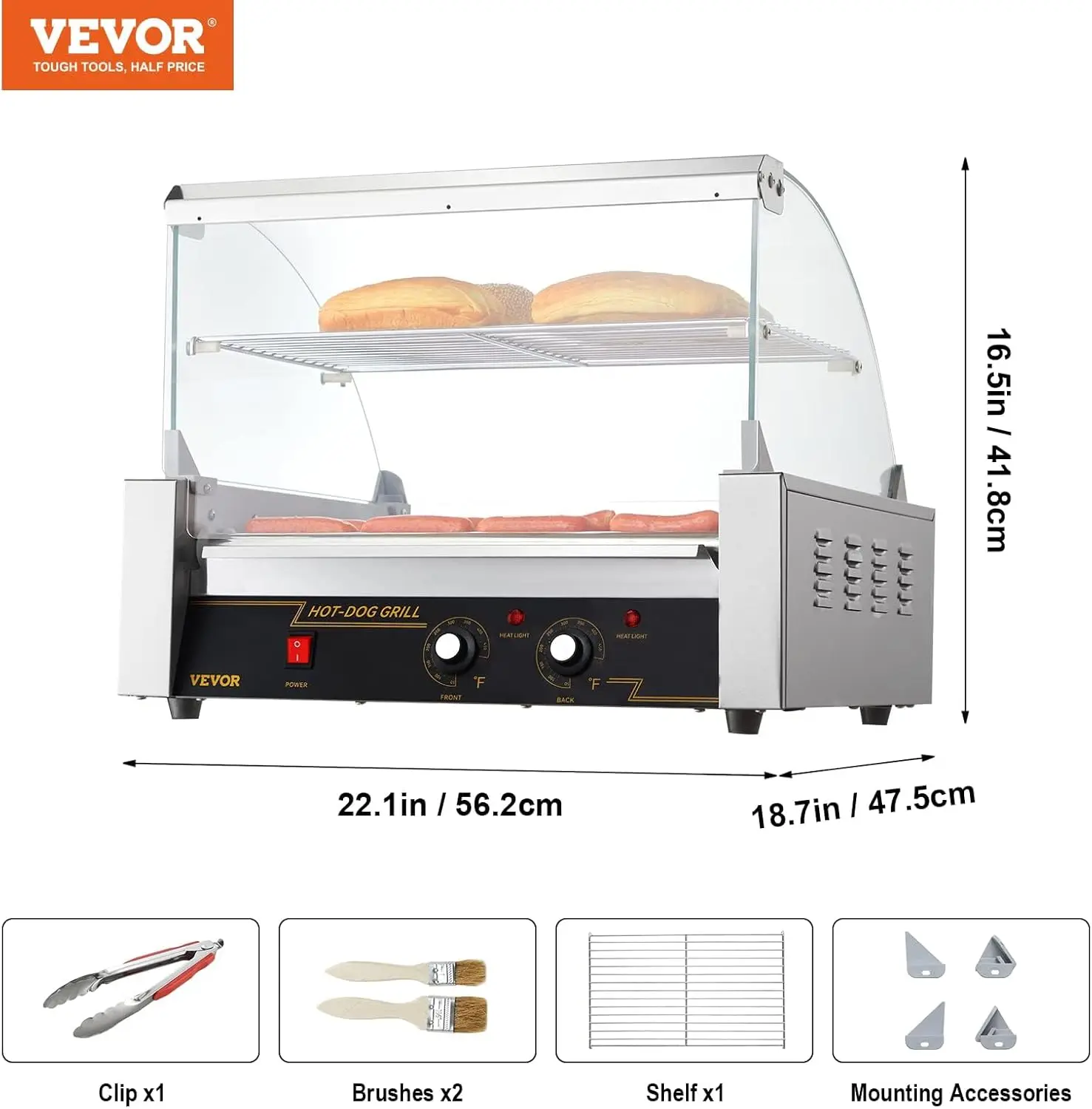 Aço inoxidável Cook Warmer Machine com tampa, controle duplo Temp, luz LED destacável, 30 Hot Dog Capacidade, 11 Rollers, 1650W