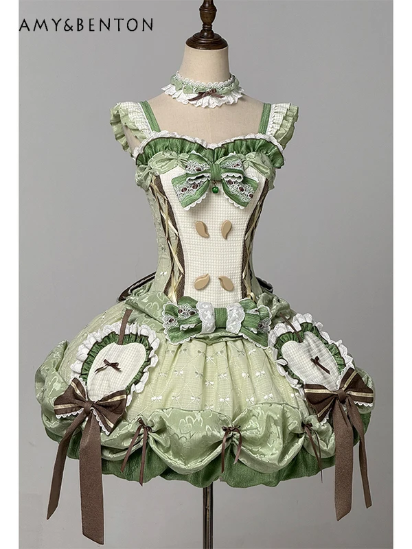 

New Hot-Selling Pastoral Style Banquet Women's Cute Slim Short Sleeveless Bow Lolita Daily Casual Puff Dress Necklace Set